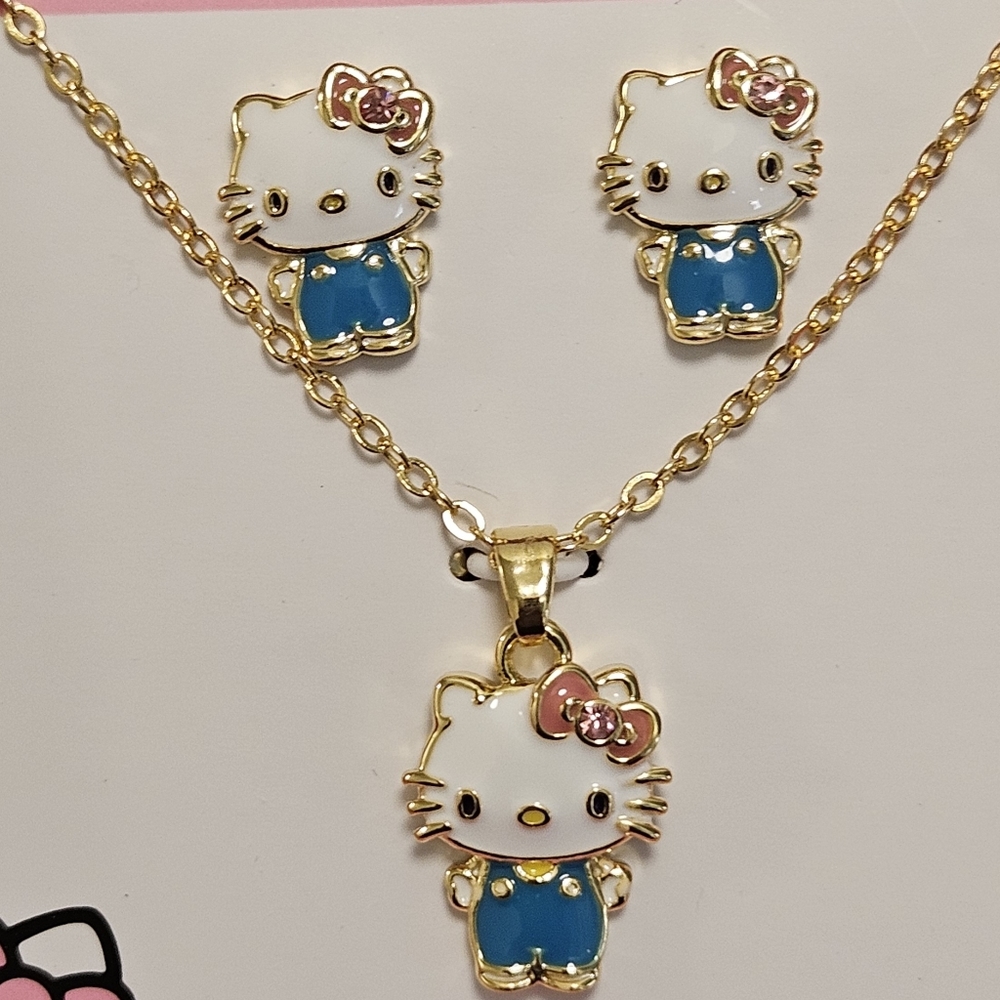 2 PCS HELLO KITTY SANRIO GOLD FLASH PLATED ENAMEL CRYSTAL NECKLACE & EARRINGS